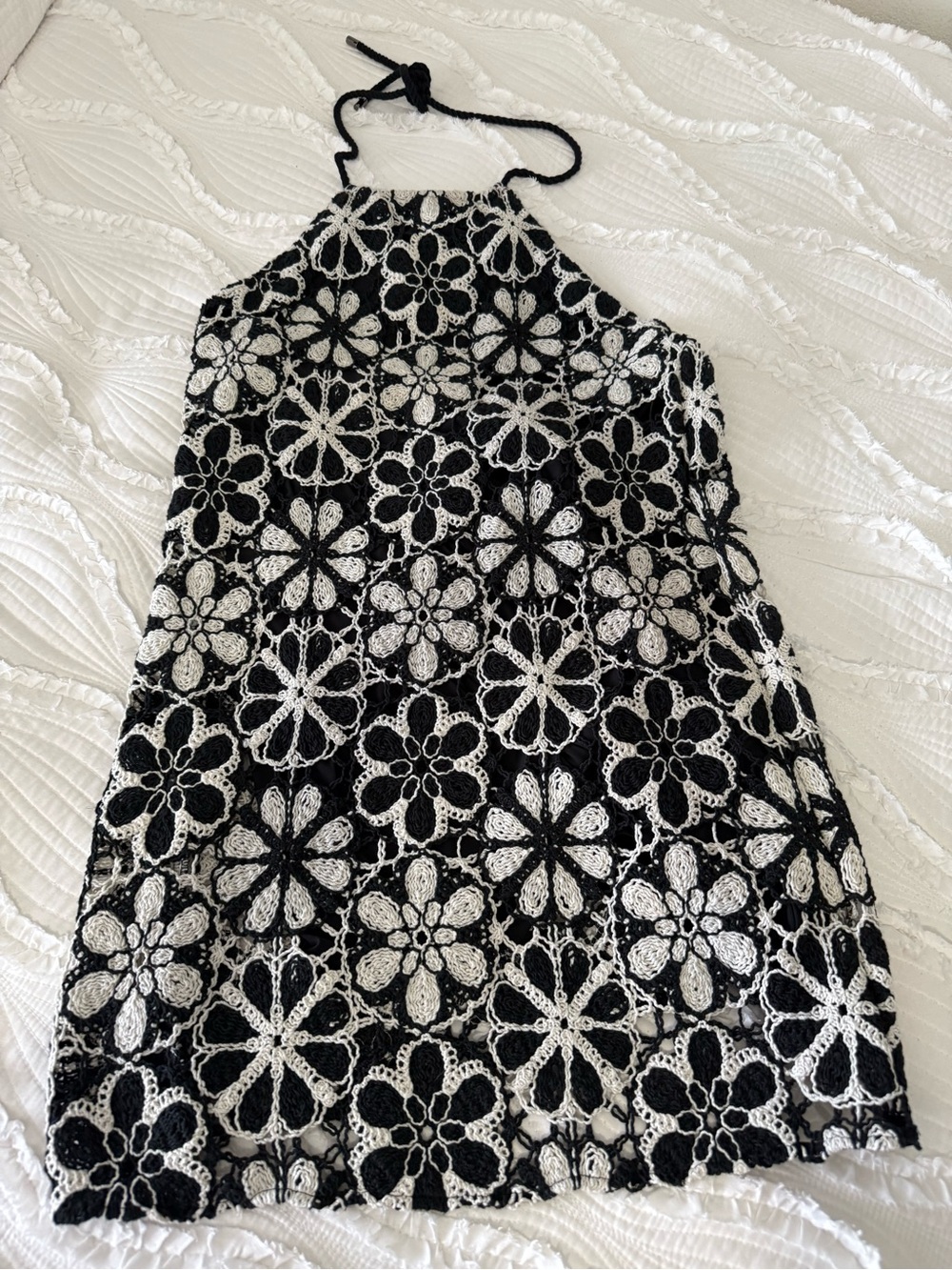 Ramy Brook Black and White Crochet Floral Halter Mini Dress